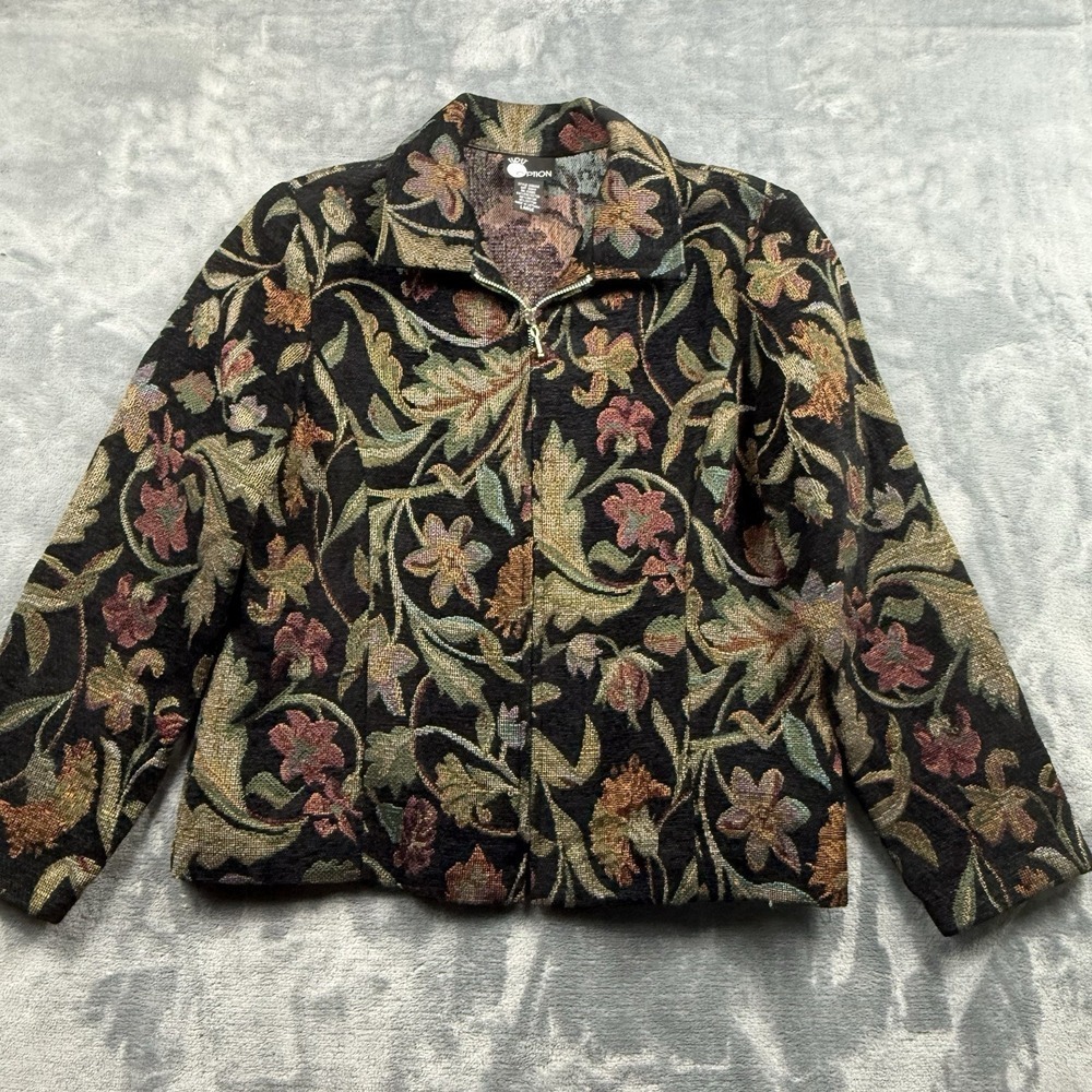 First Option Floral Tapestry Jacket Black Cotton Blend Size Large Vintage